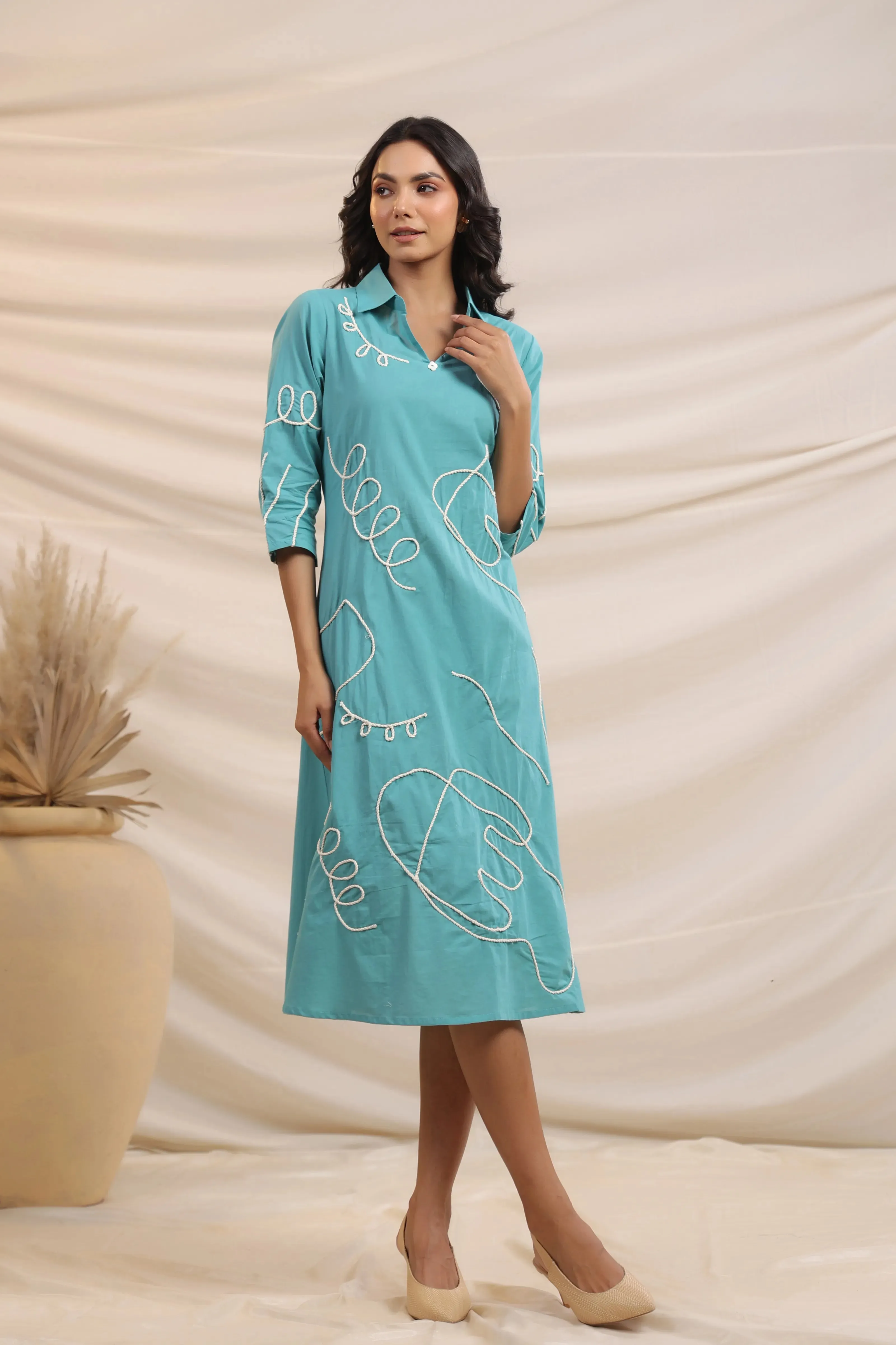 Middle Blue Abstract Cord Work Midi Dress in Cotton Cambric
