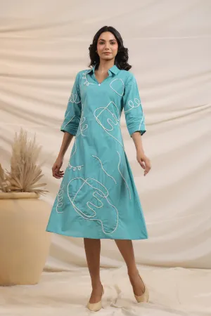 Middle Blue Abstract Cord Work Midi Dress in Cotton Cambric