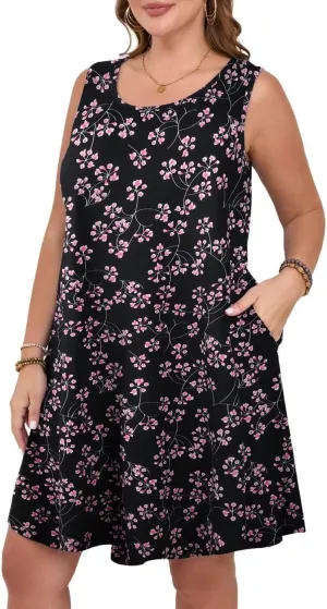 MONNURO Womens Summer Sleeveless Tank Beach Dress Causal Sundress Floral Print Cover Up Dress with Pockets