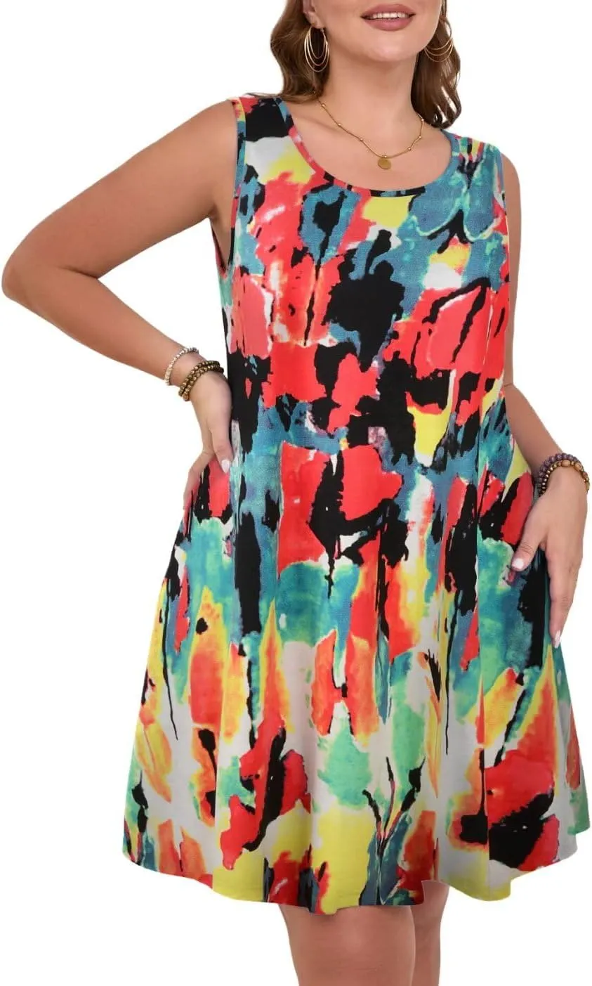 MONNURO Womens Summer Sleeveless Tank Beach Dress Causal Sundress Floral Print Cover Up Dress with Pockets