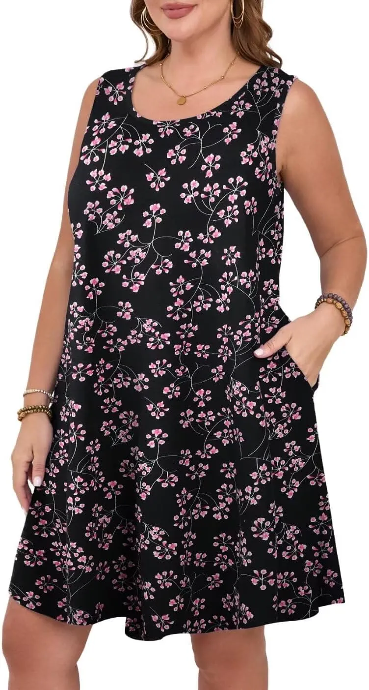 MONNURO Womens Summer Sleeveless Tank Beach Dress Causal Sundress Floral Print Cover Up Dress with Pockets
