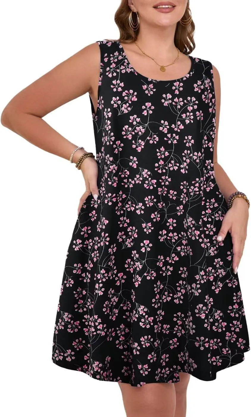 MONNURO Womens Summer Sleeveless Tank Beach Dress Causal Sundress Floral Print Cover Up Dress with Pockets