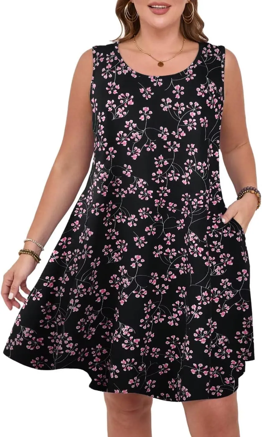 MONNURO Womens Summer Sleeveless Tank Beach Dress Causal Sundress Floral Print Cover Up Dress with Pockets