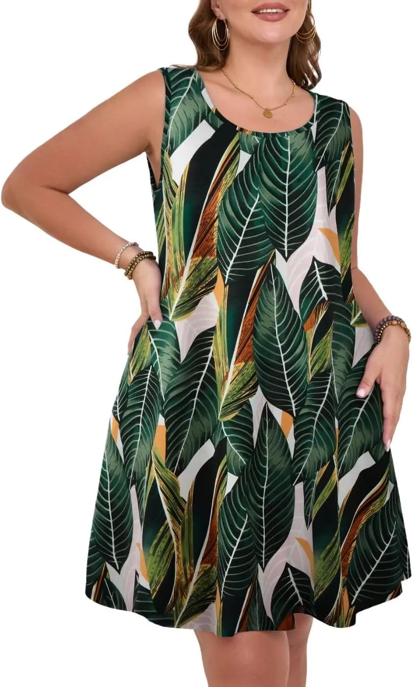 MONNURO Womens Summer Sleeveless Tank Beach Dress Causal Sundress Floral Print Cover Up Dress with Pockets