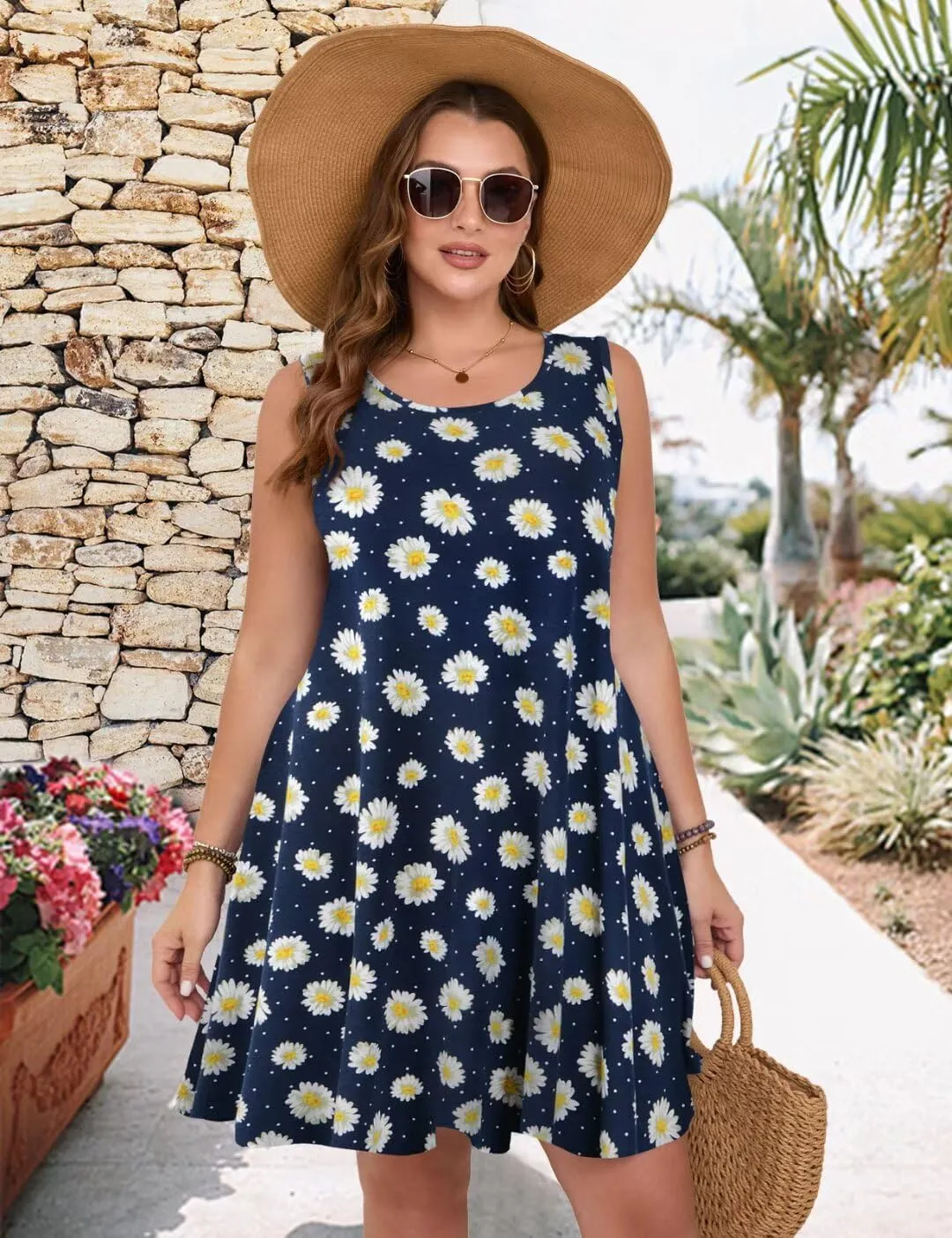 MONNURO Womens Summer Sleeveless Tank Beach Dress Causal Sundress Floral Print Cover Up Dress with Pockets