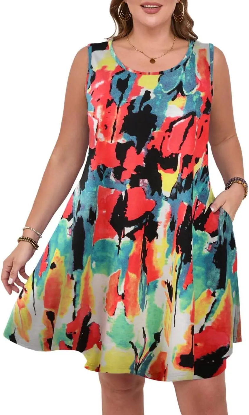 MONNURO Womens Summer Sleeveless Tank Beach Dress Causal Sundress Floral Print Cover Up Dress with Pockets