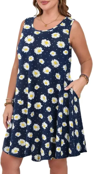 MONNURO Womens Summer Sleeveless Tank Beach Dress Causal Sundress Floral Print Cover Up Dress with Pockets