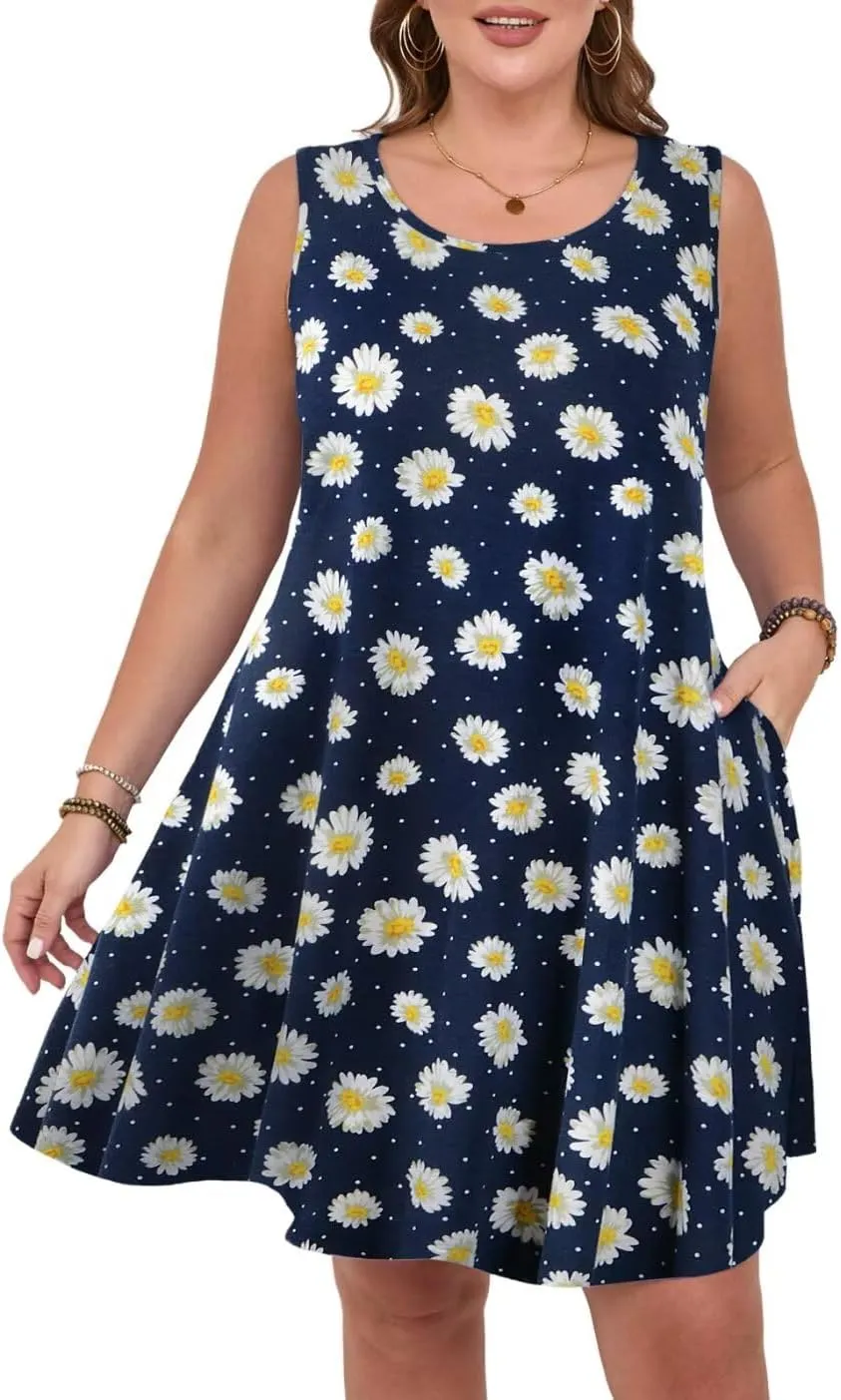 MONNURO Womens Summer Sleeveless Tank Beach Dress Causal Sundress Floral Print Cover Up Dress with Pockets