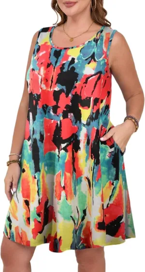 MONNURO Womens Summer Sleeveless Tank Beach Dress Causal Sundress Floral Print Cover Up Dress with Pockets