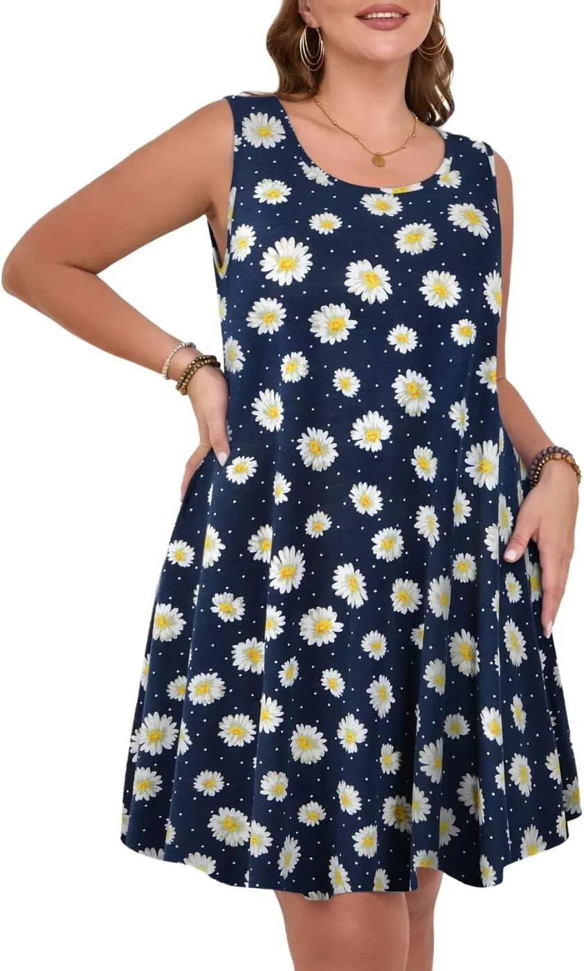 MONNURO Womens Summer Sleeveless Tank Beach Dress Causal Sundress Floral Print Cover Up Dress with Pockets
