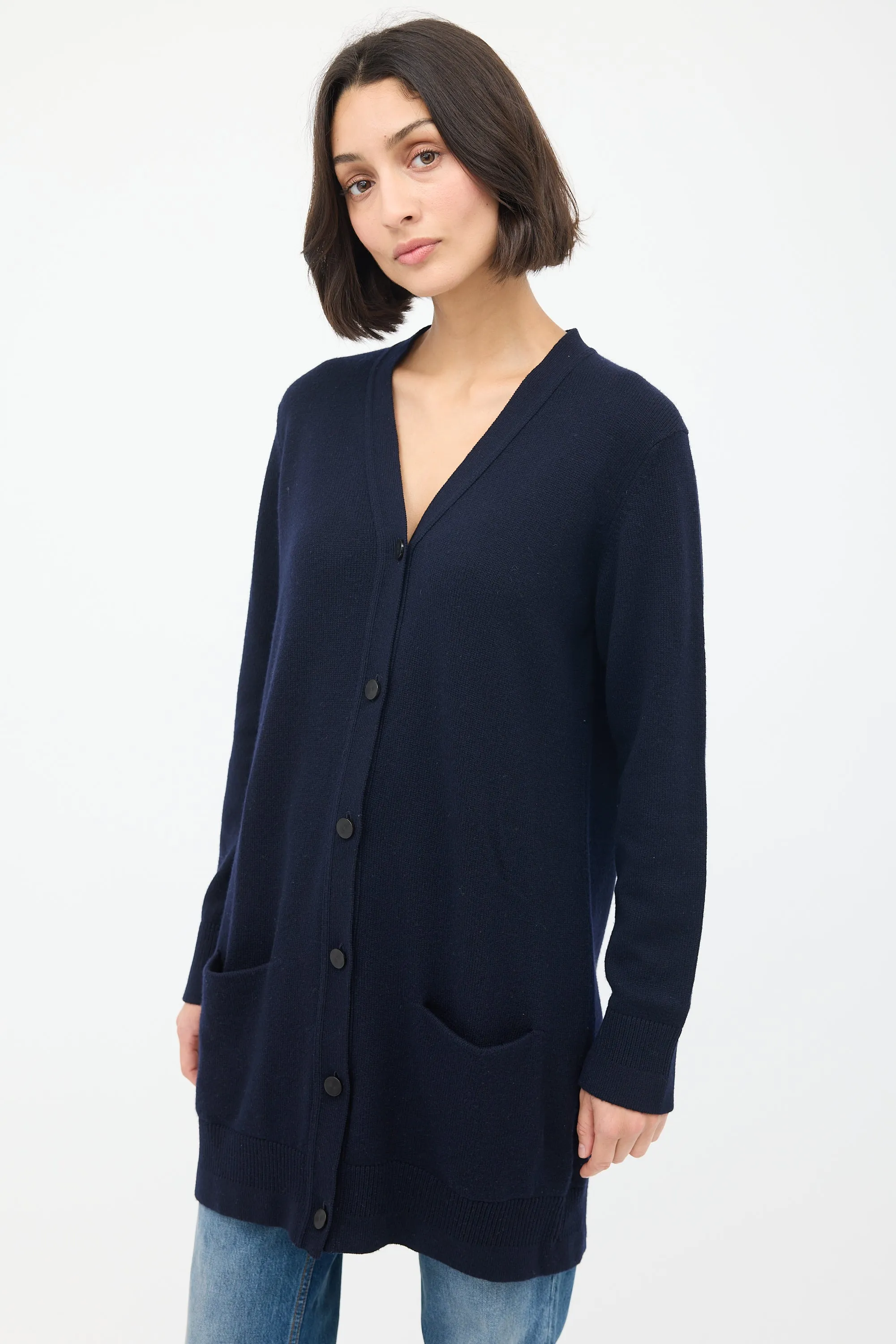 Navy Cashmere Two Pocket Long Cardigan