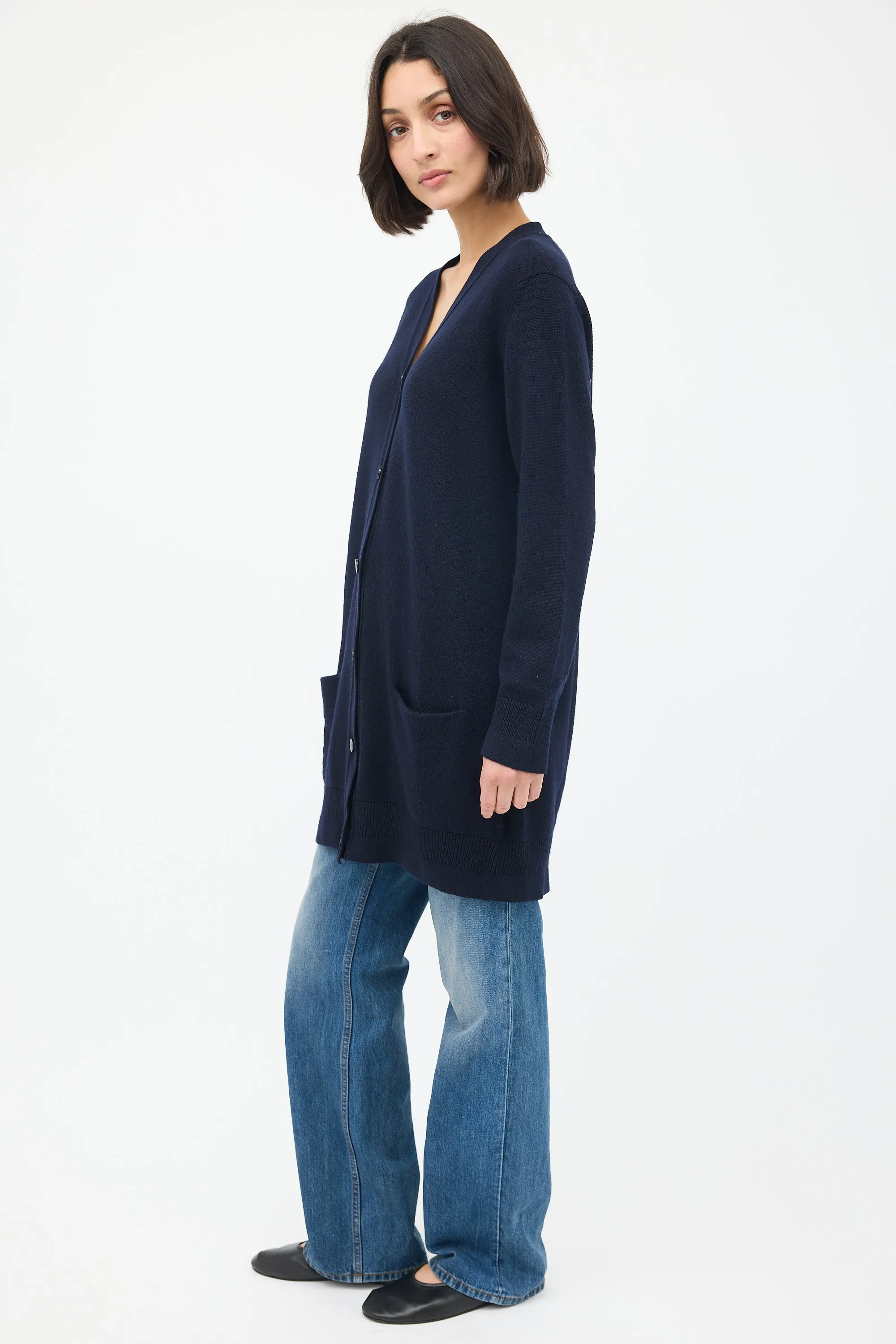 Navy Cashmere Two Pocket Long Cardigan