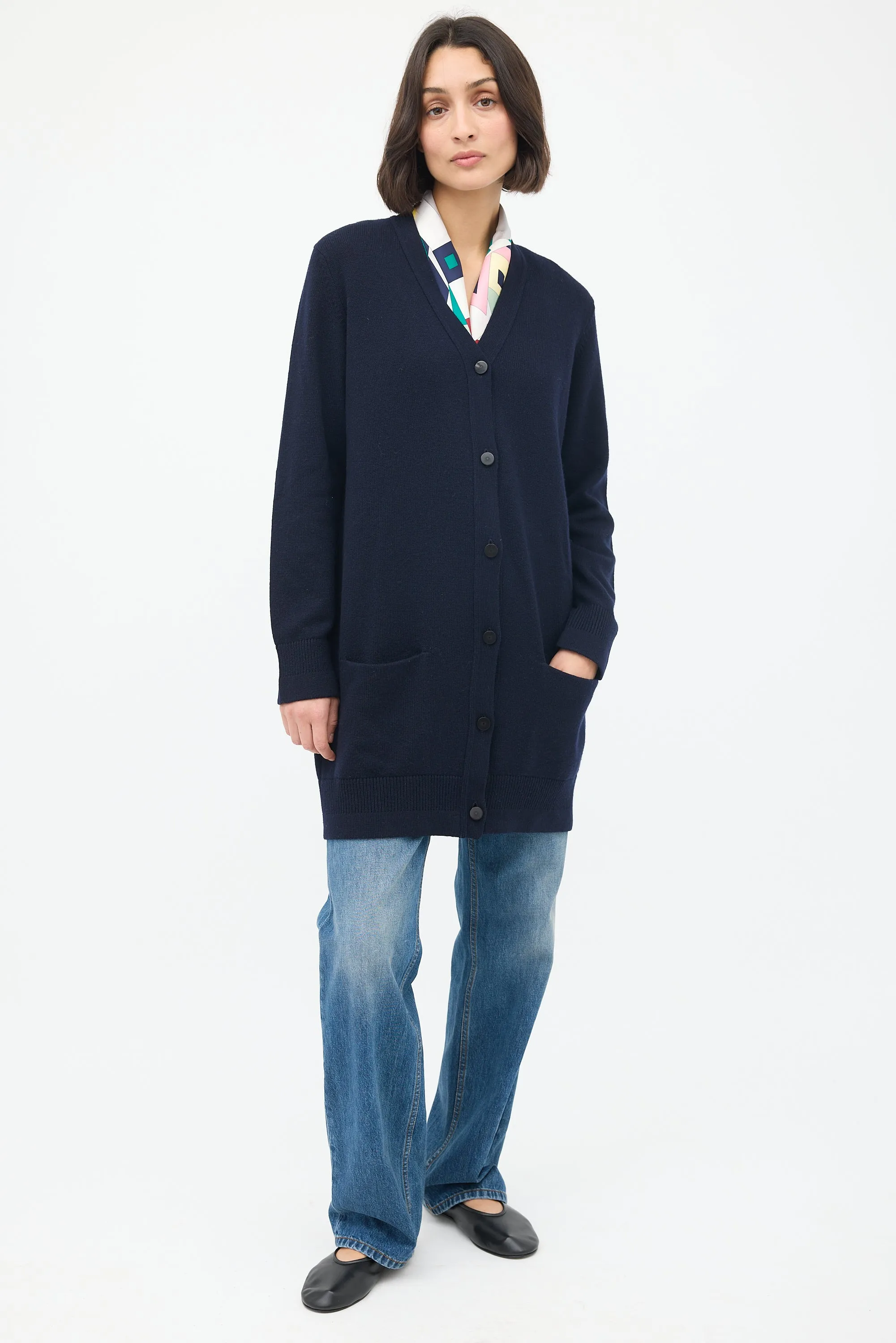 Navy Cashmere Two Pocket Long Cardigan