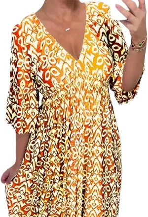 Plus Size Summer V Neck Floral Dress for Women, Loose Casual Print V-Neck Long Dress, Bohemian Wrap V Neck 3/4 Sleeve