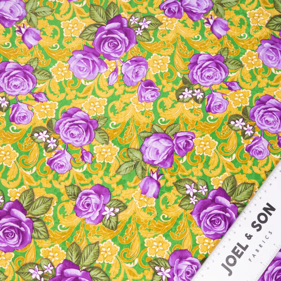 Purple Rose Printed Emerald Green Silk Jacquard