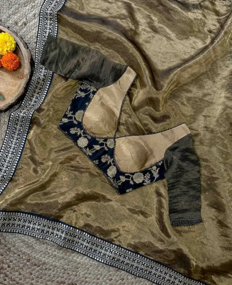 Readymade Bold Black Cotton Silk Blouse With Golden Zari Work