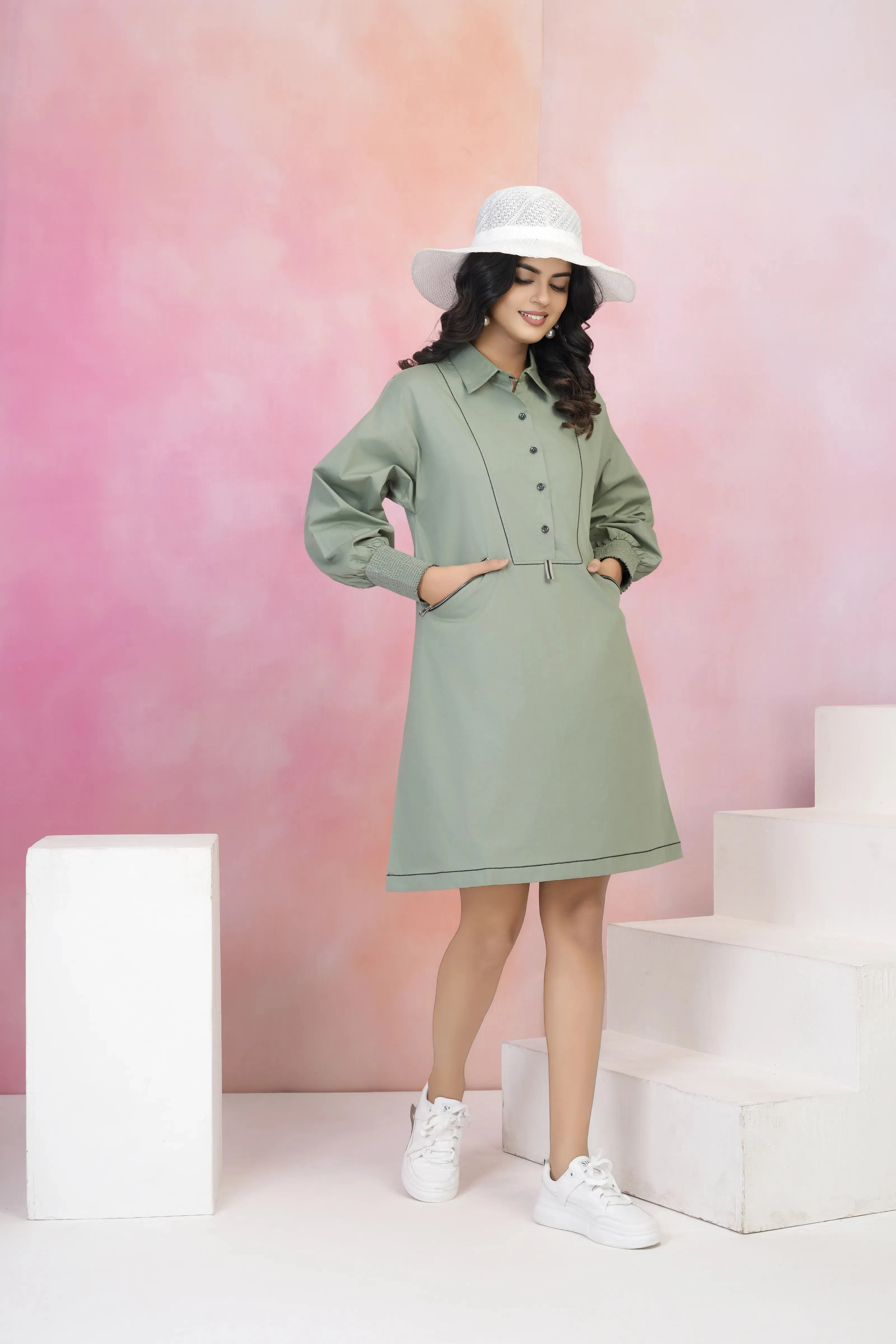 Sage Green Smock Cuff Button-Front Cotton Poplin Dress