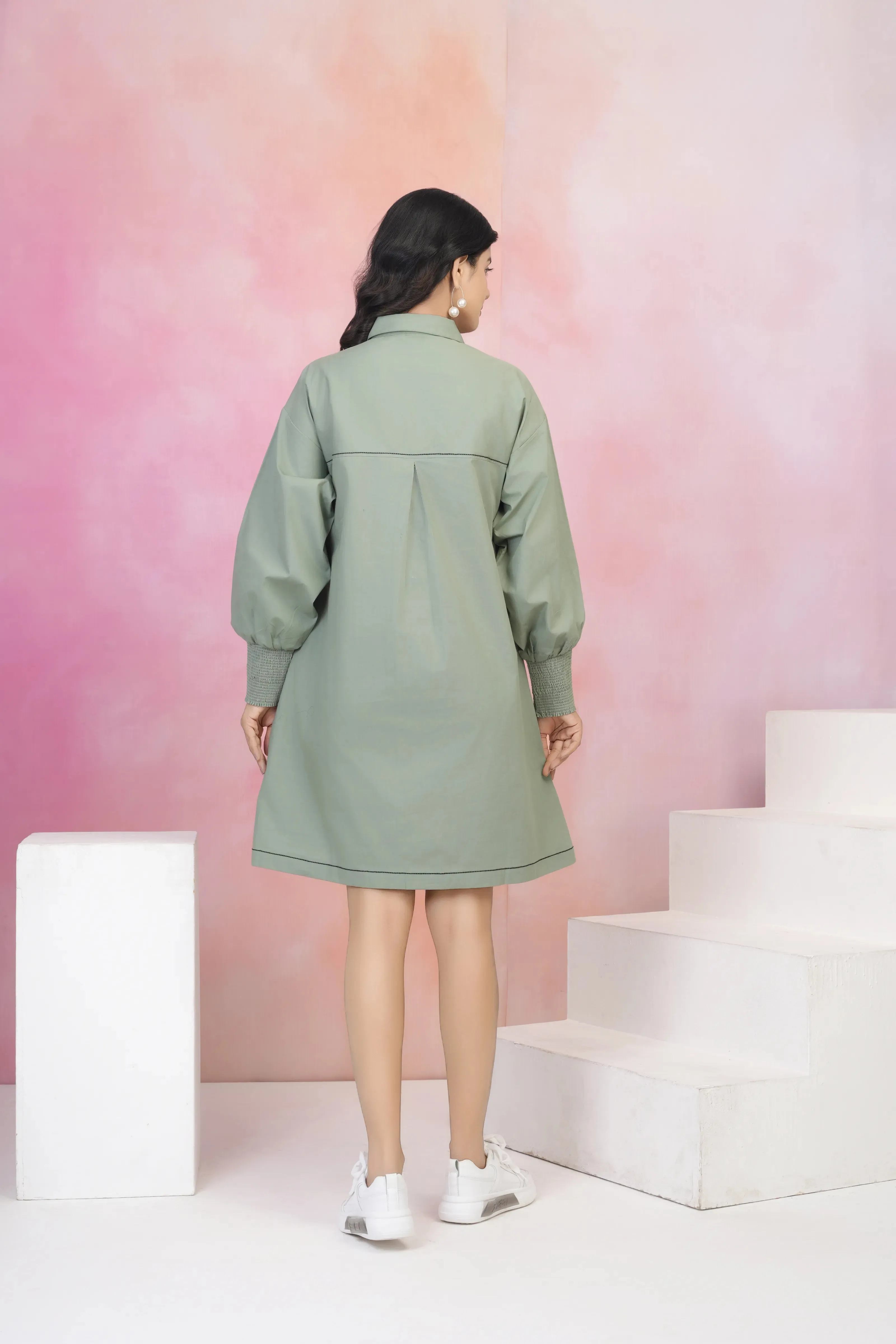 Sage Green Smock Cuff Button-Front Cotton Poplin Dress