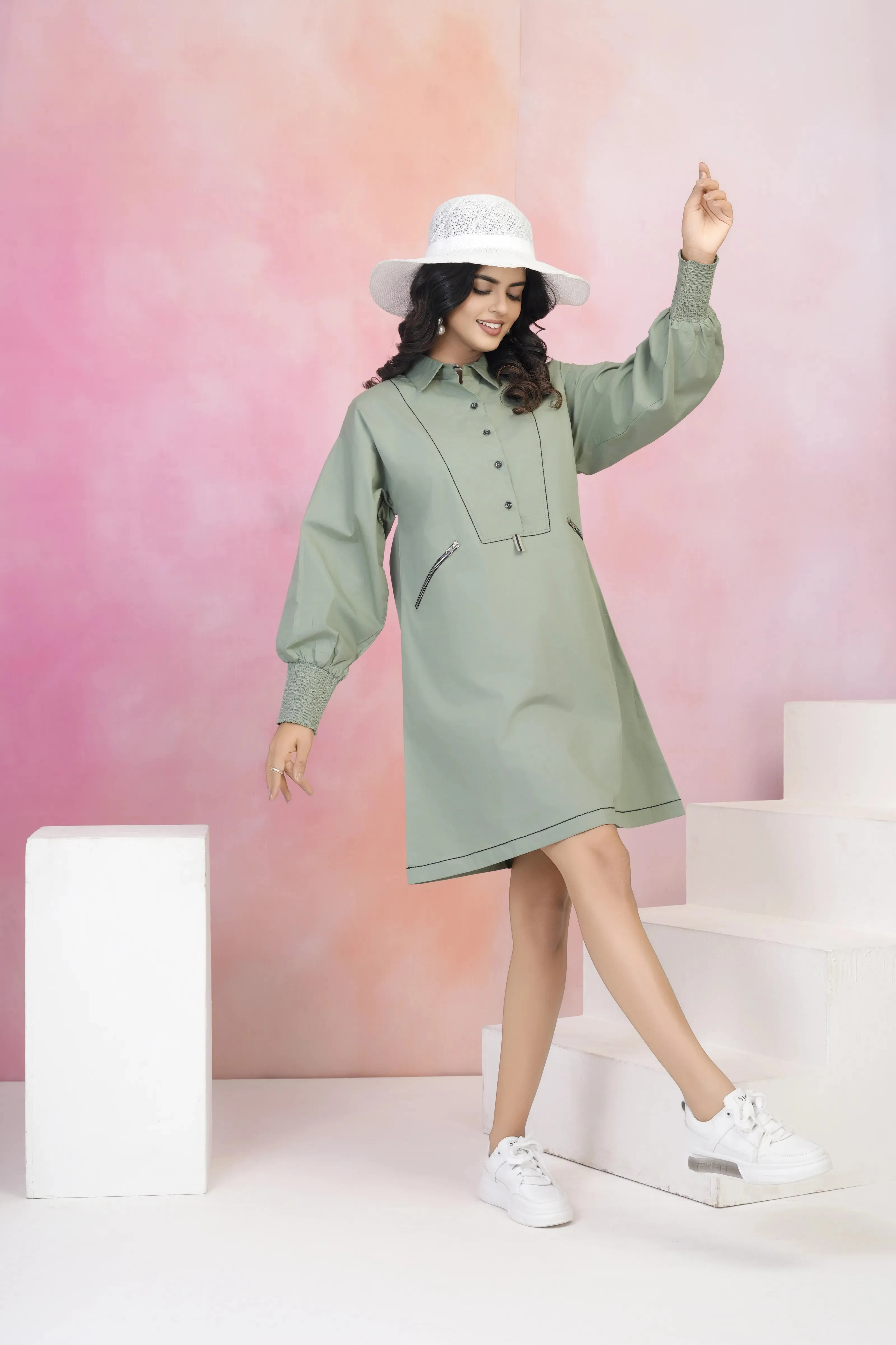 Sage Green Smock Cuff Button-Front Cotton Poplin Dress