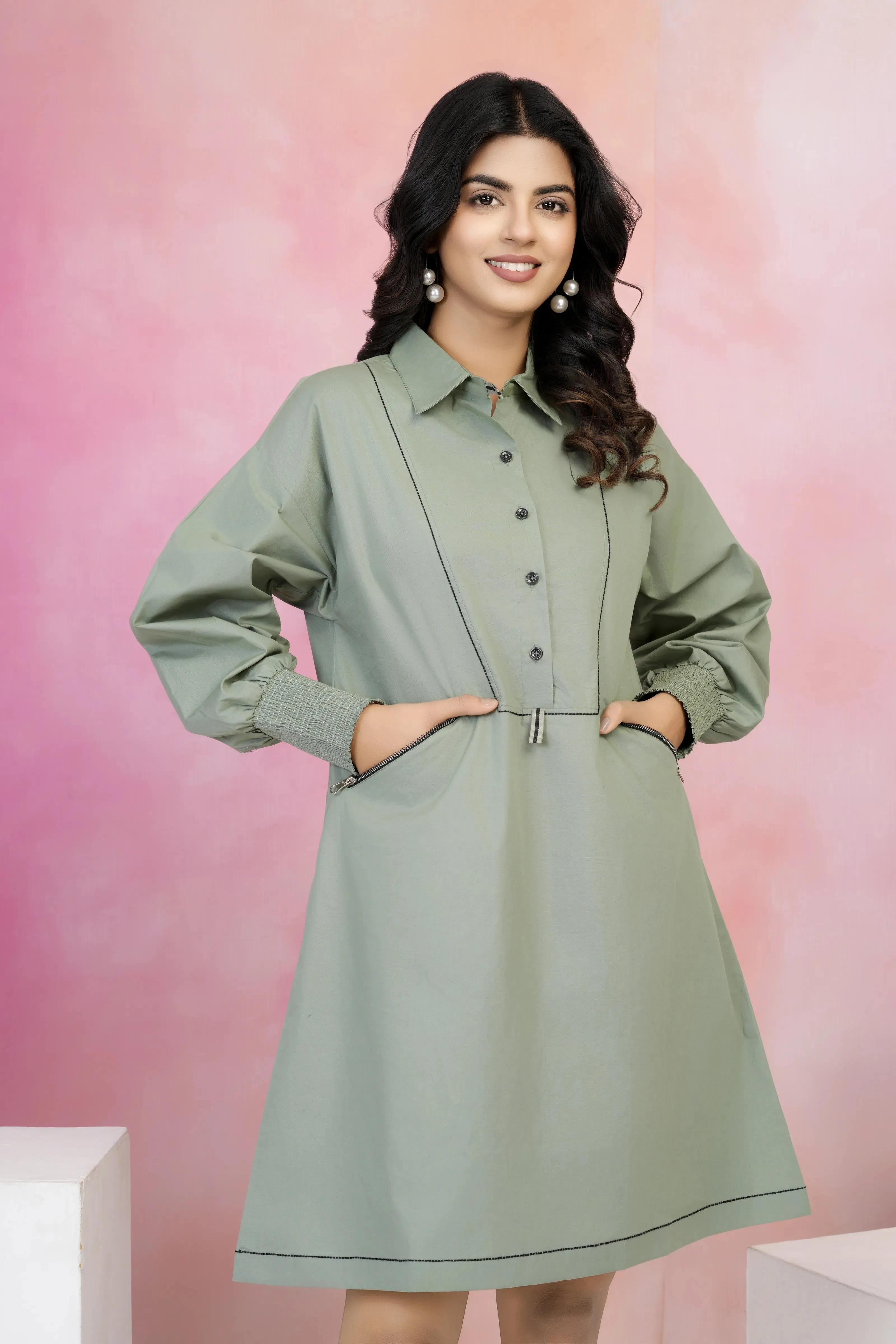 Sage Green Smock Cuff Button-Front Cotton Poplin Dress