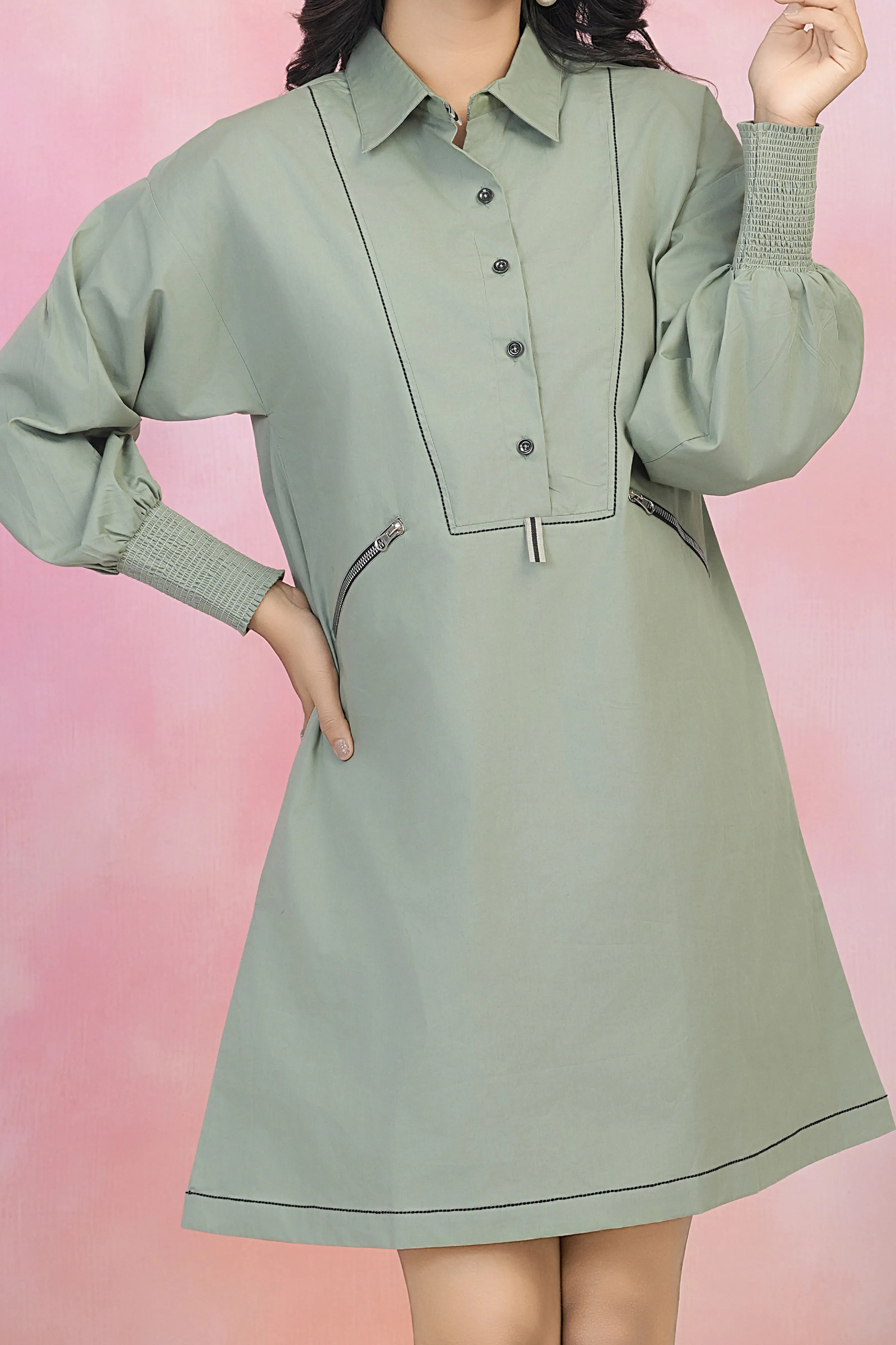 Sage Green Smock Cuff Button-Front Cotton Poplin Dress