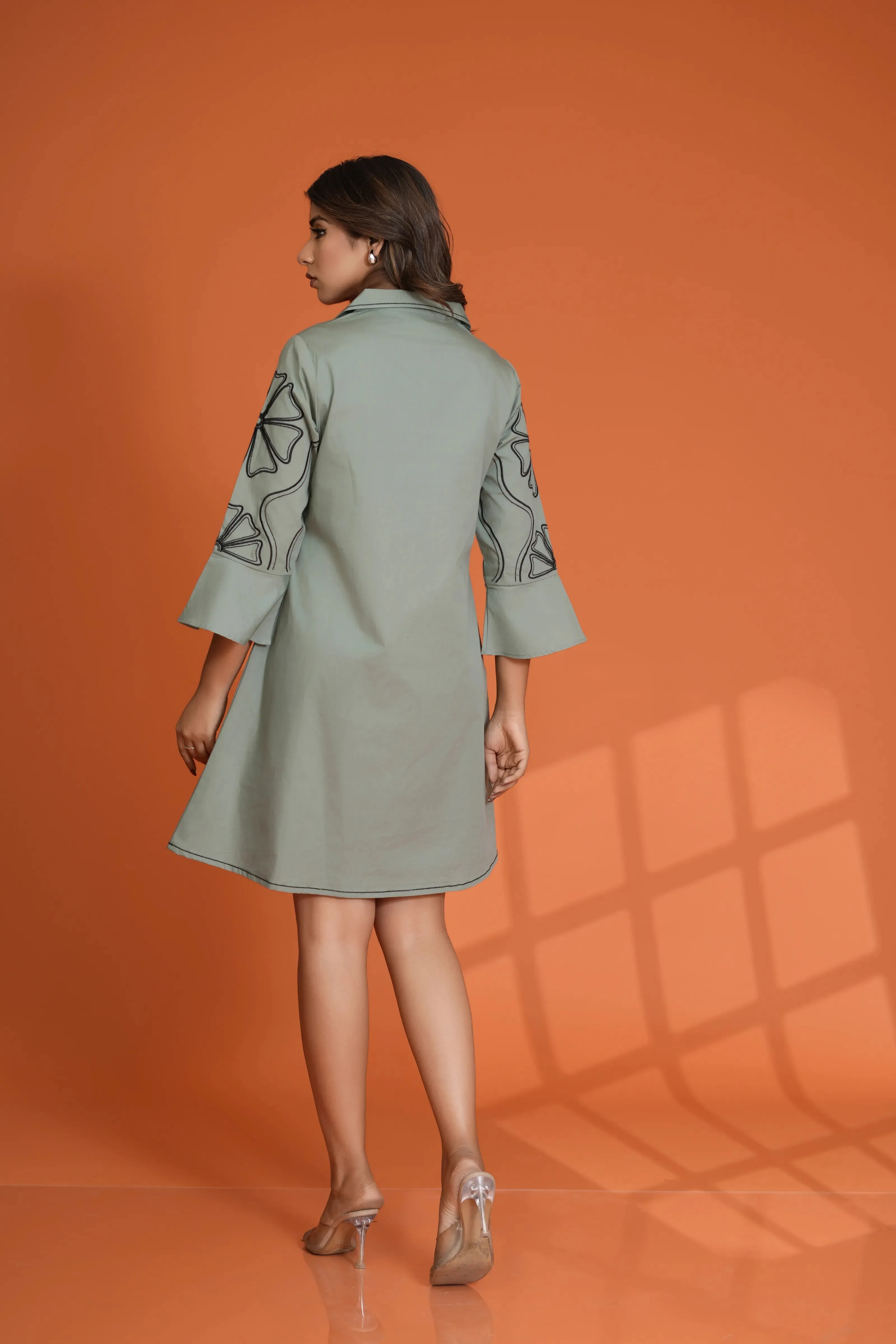Sea Green Embroidered Bell Sleeve Mini Dress in Cotton Poplin