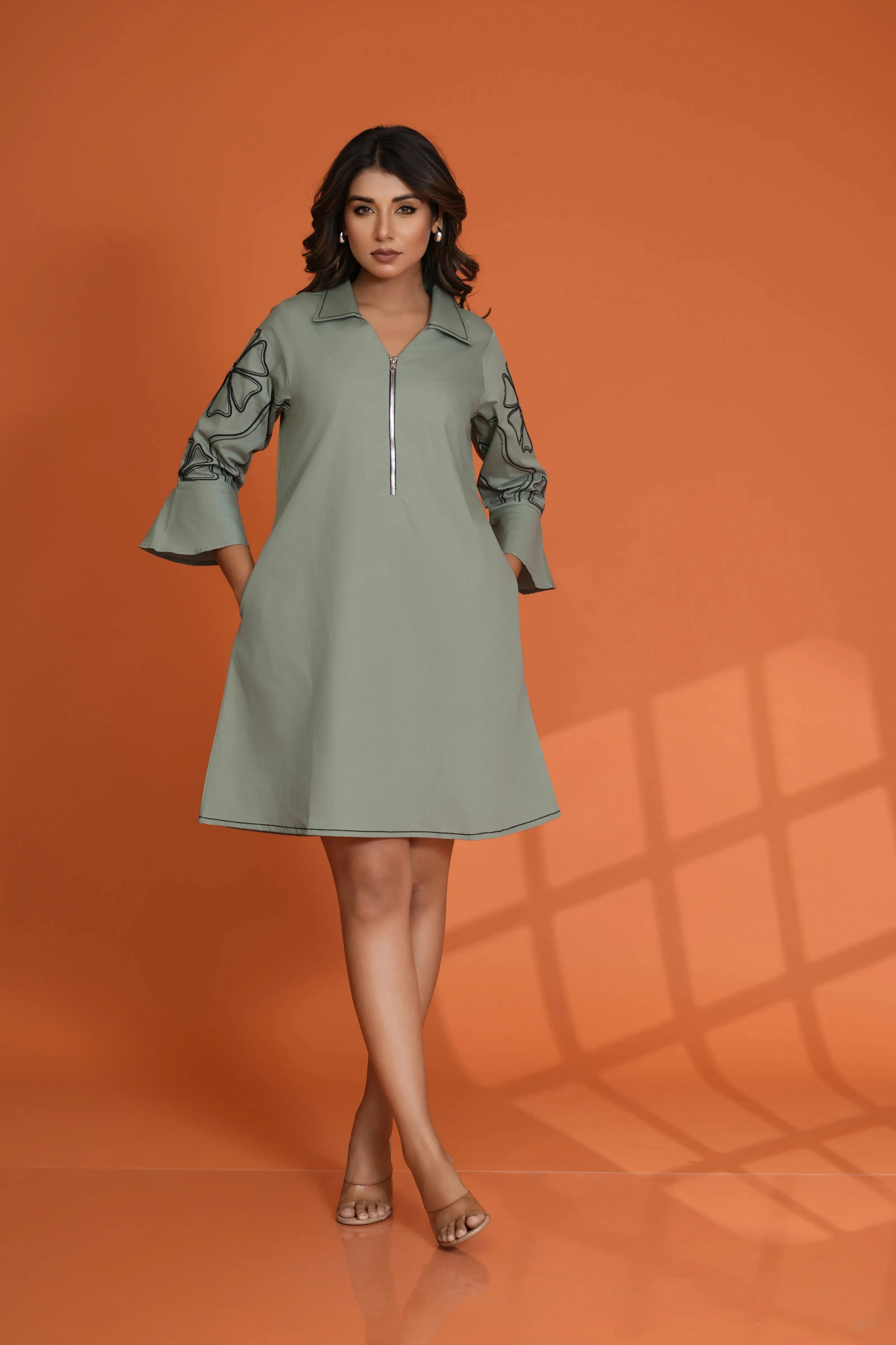 Sea Green Embroidered Bell Sleeve Mini Dress in Cotton Poplin