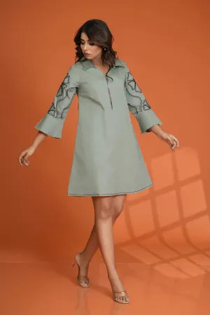 Sea Green Embroidered Bell Sleeve Mini Dress in Cotton Poplin