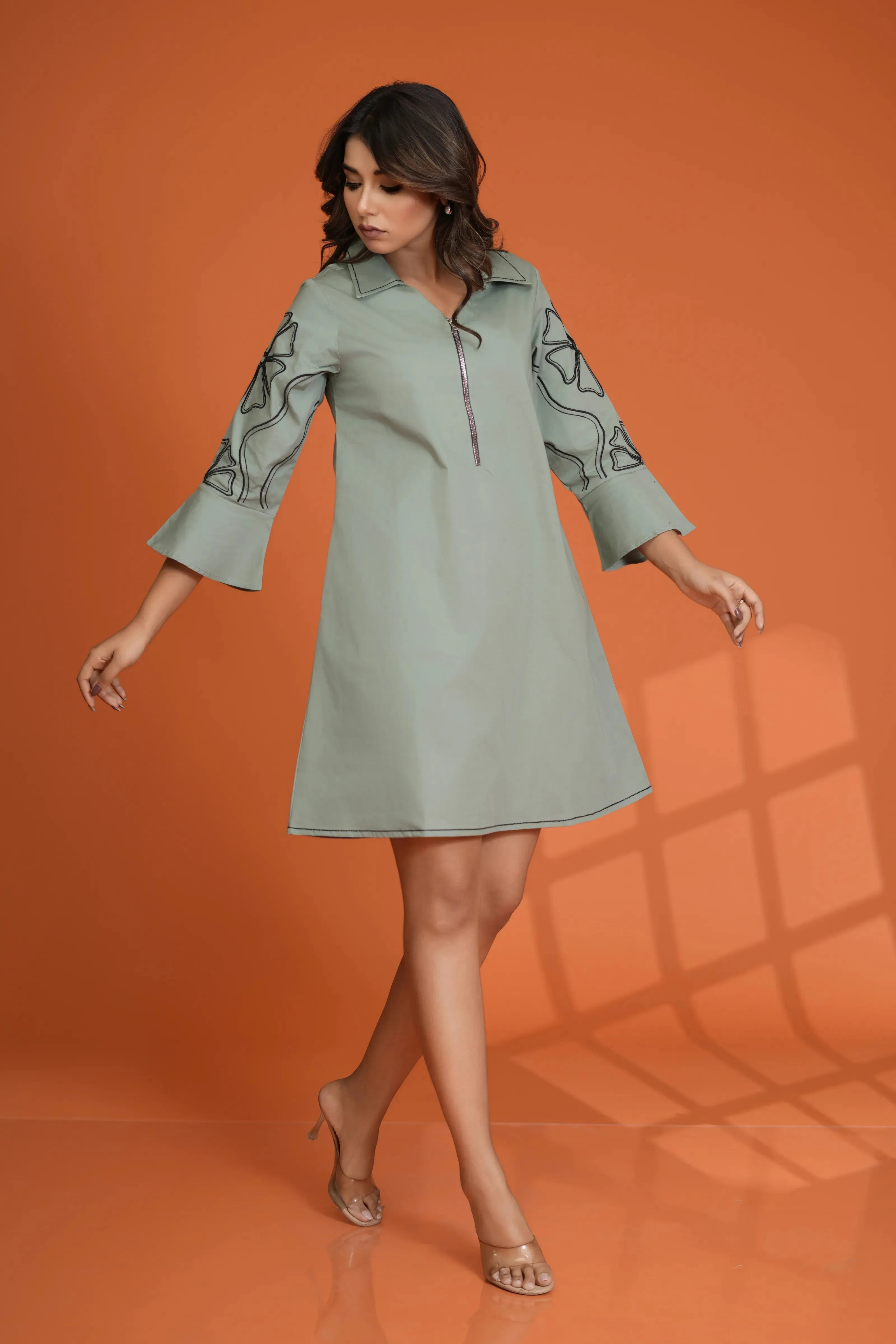 Sea Green Embroidered Bell Sleeve Mini Dress in Cotton Poplin