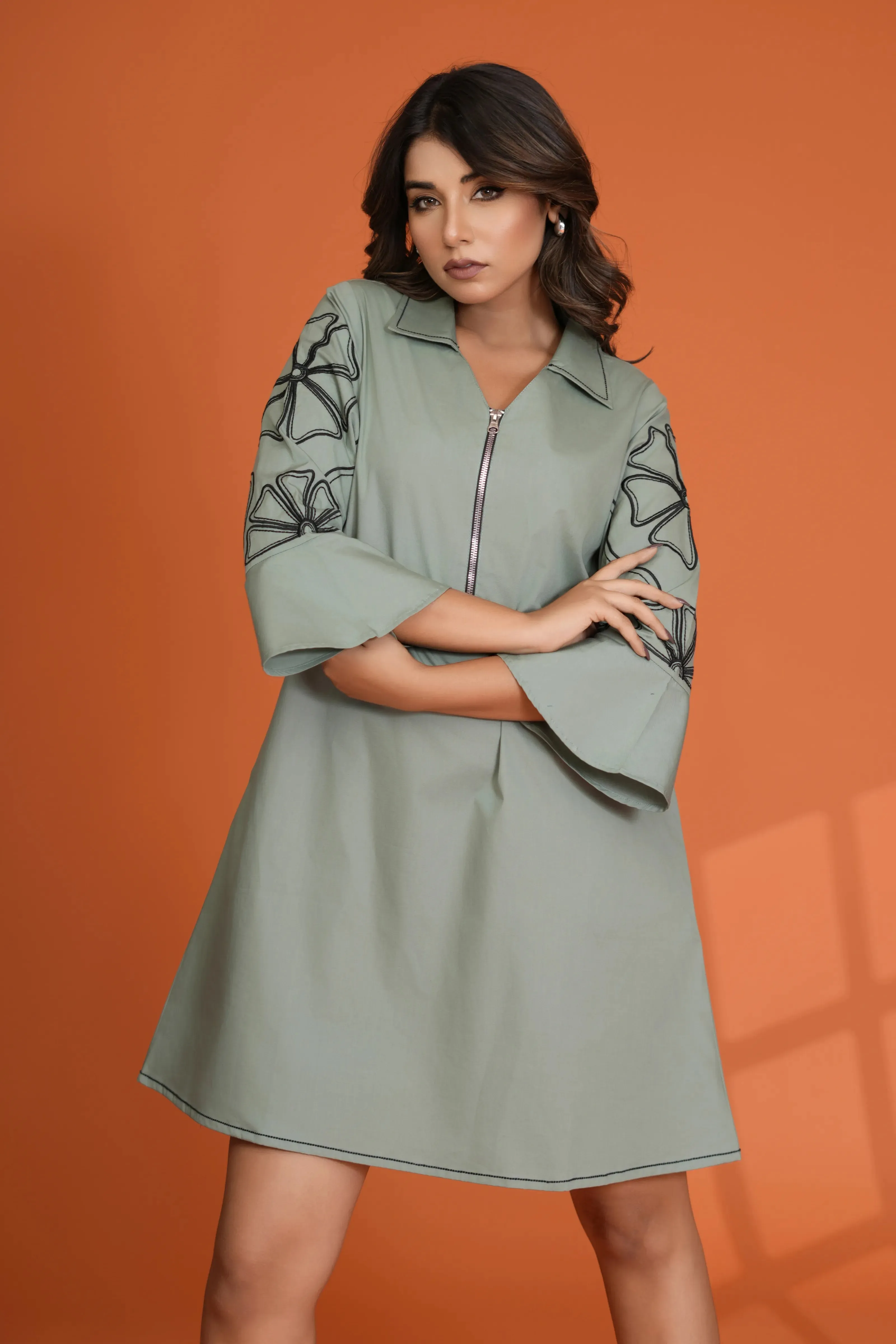 Sea Green Embroidered Bell Sleeve Mini Dress in Cotton Poplin