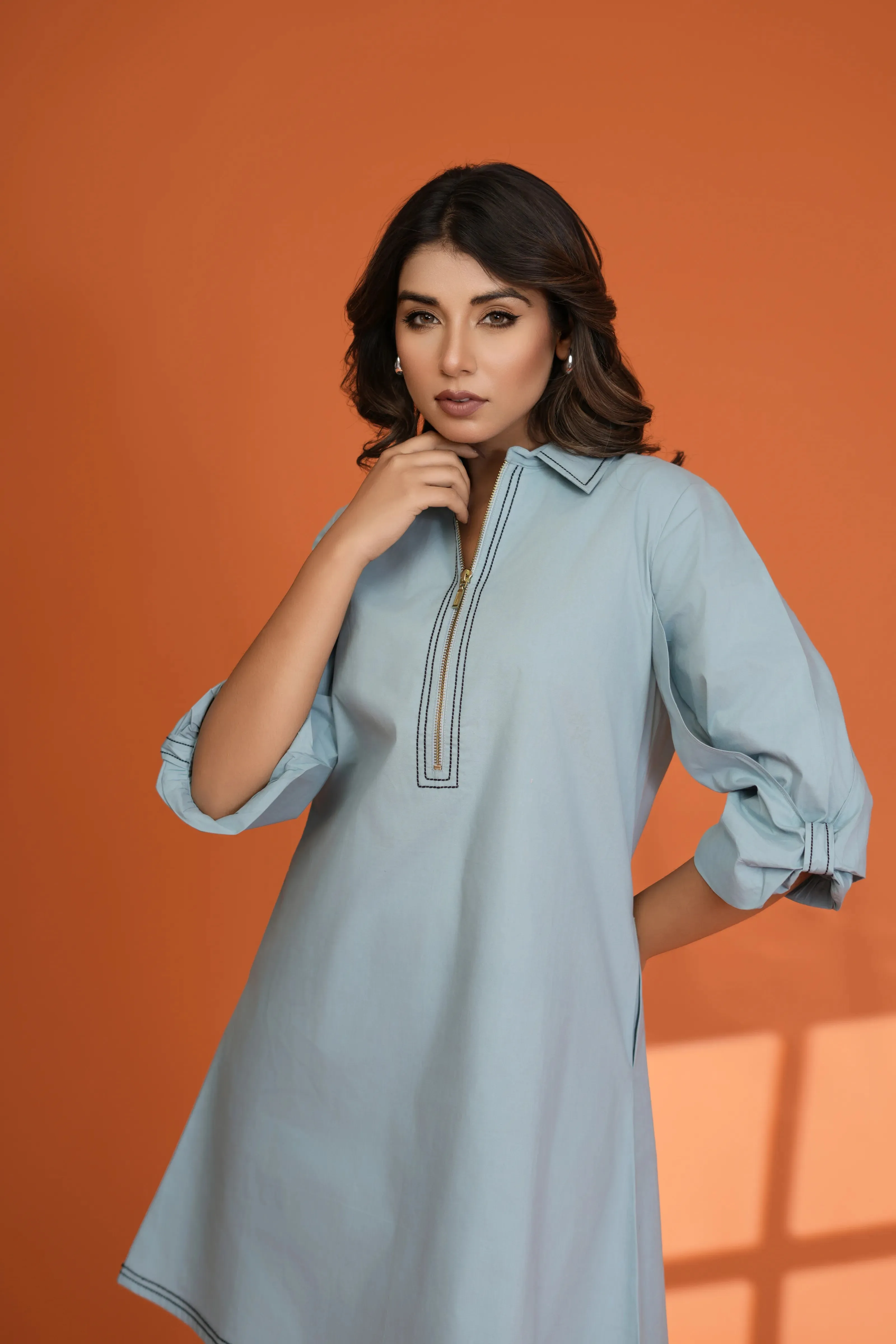 Sky Blue Balloon Sleeve Zip-Front Shirt Dress in Cotton Poplin