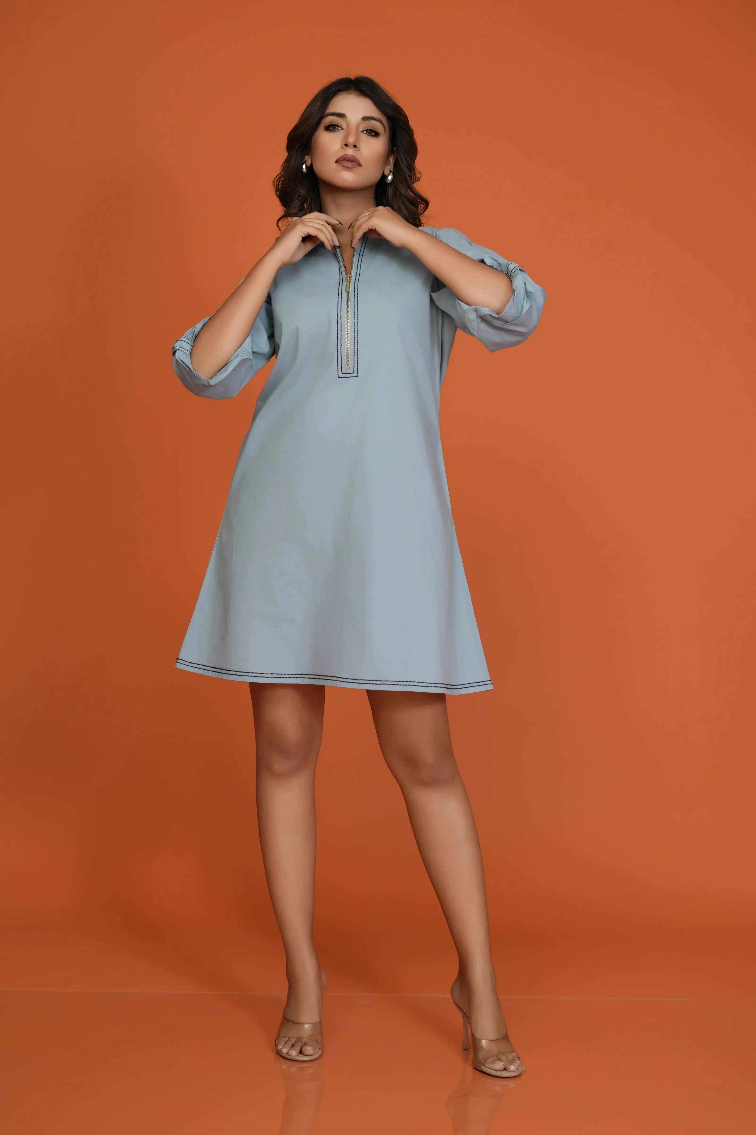 Sky Blue Balloon Sleeve Zip-Front Shirt Dress in Cotton Poplin