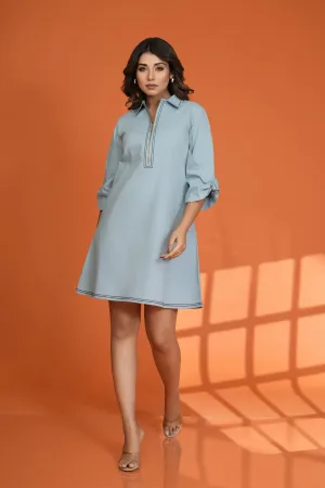 Sky Blue Balloon Sleeve Zip-Front Shirt Dress in Cotton Poplin