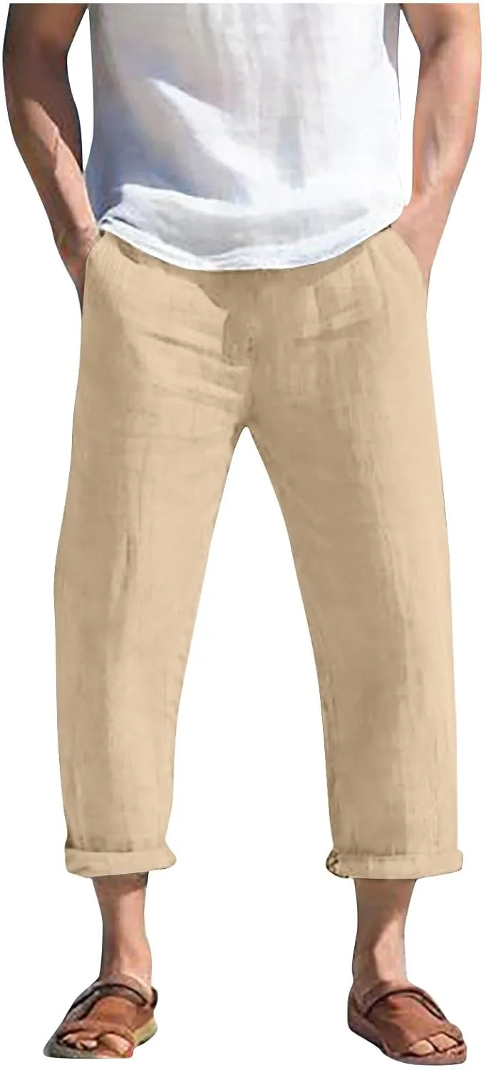 Summer Linen Pants for Men Plus Size Wide Leg lastic Waist Lounge Trousers with Pockets Solid Loose Lightweight Pant