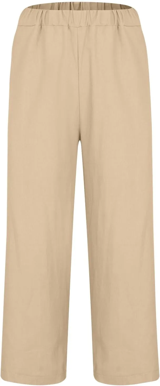 Summer Linen Pants for Men Plus Size Wide Leg lastic Waist Lounge Trousers with Pockets Solid Loose Lightweight Pant