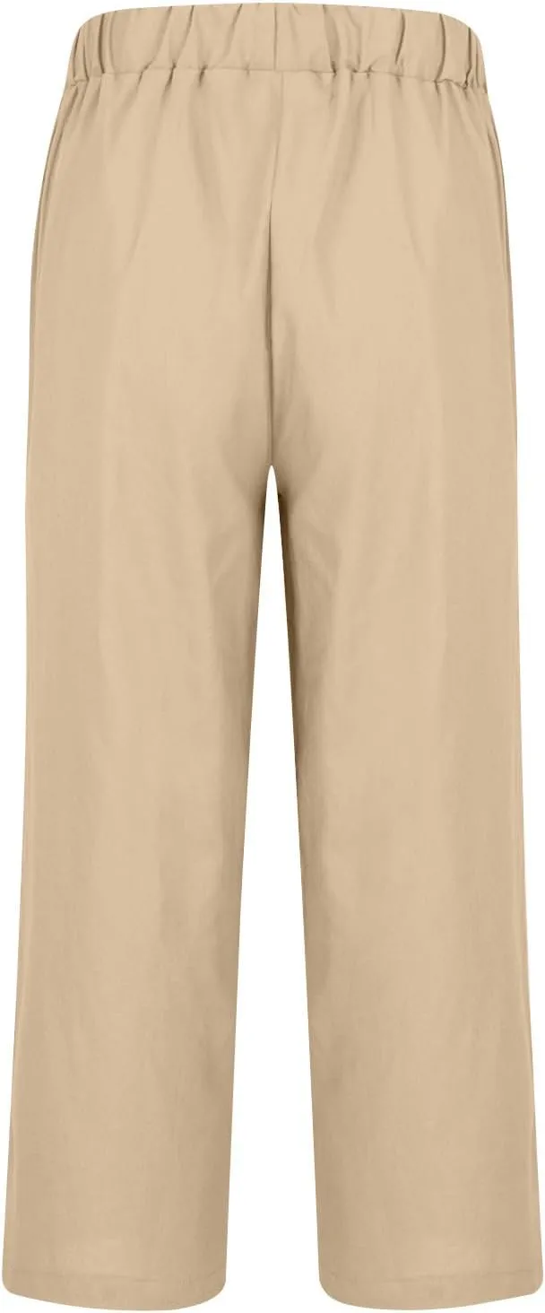 Summer Linen Pants for Men Plus Size Wide Leg lastic Waist Lounge Trousers with Pockets Solid Loose Lightweight Pant