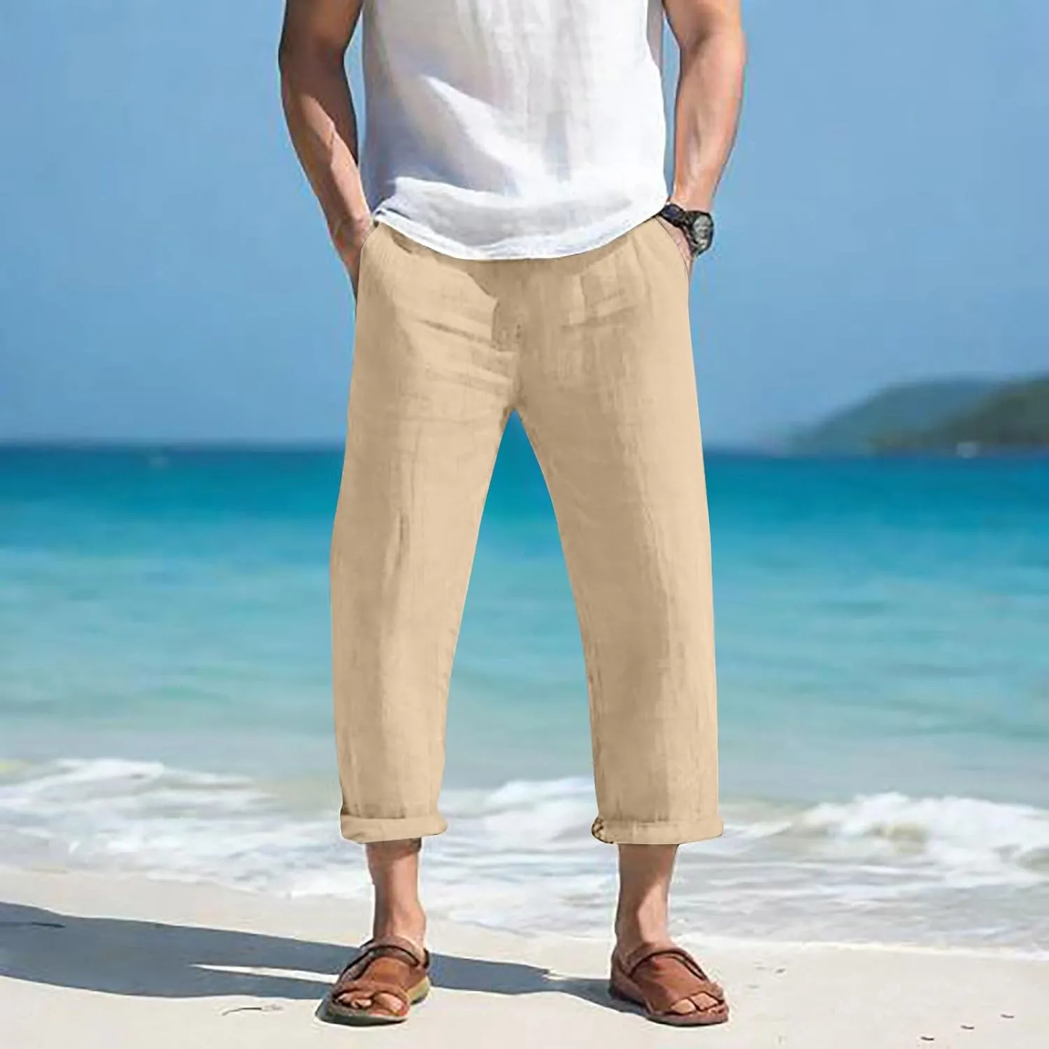Summer Linen Pants for Men Plus Size Wide Leg lastic Waist Lounge Trousers with Pockets Solid Loose Lightweight Pant