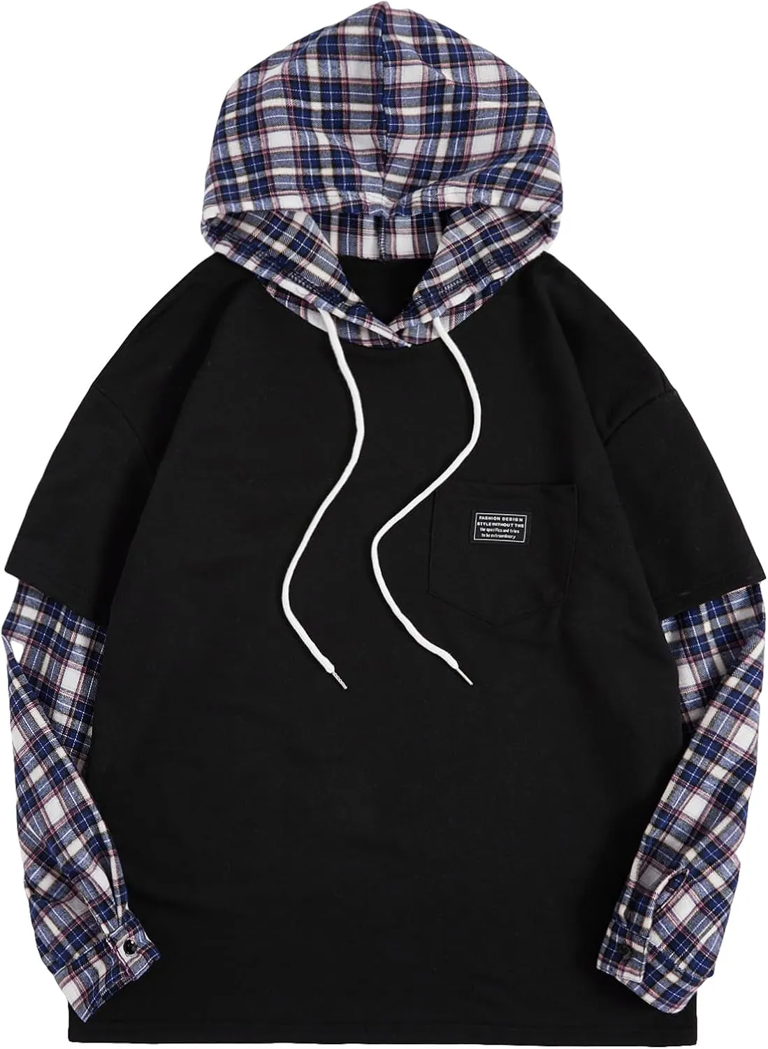 SweatyRocks Women's Casual Plaid Long Sleeve Hooded Sweatshirt Drop Shoulder Drawstring Hoodie with Pocket