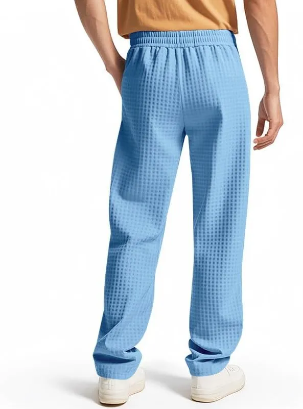 Waffle Pants for Men Plus Size Drawstring Elastic Waist Trousers with Pockets Summer Loose Lightweight Beach Pant