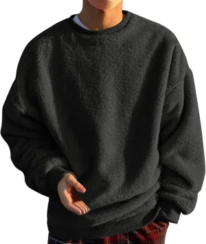 Warm Fuzzy Sweatshirts for Men Winter Sherpa Fleece Crewneck Pullover Sweatshirt Casual Plus Size Solid Color Top