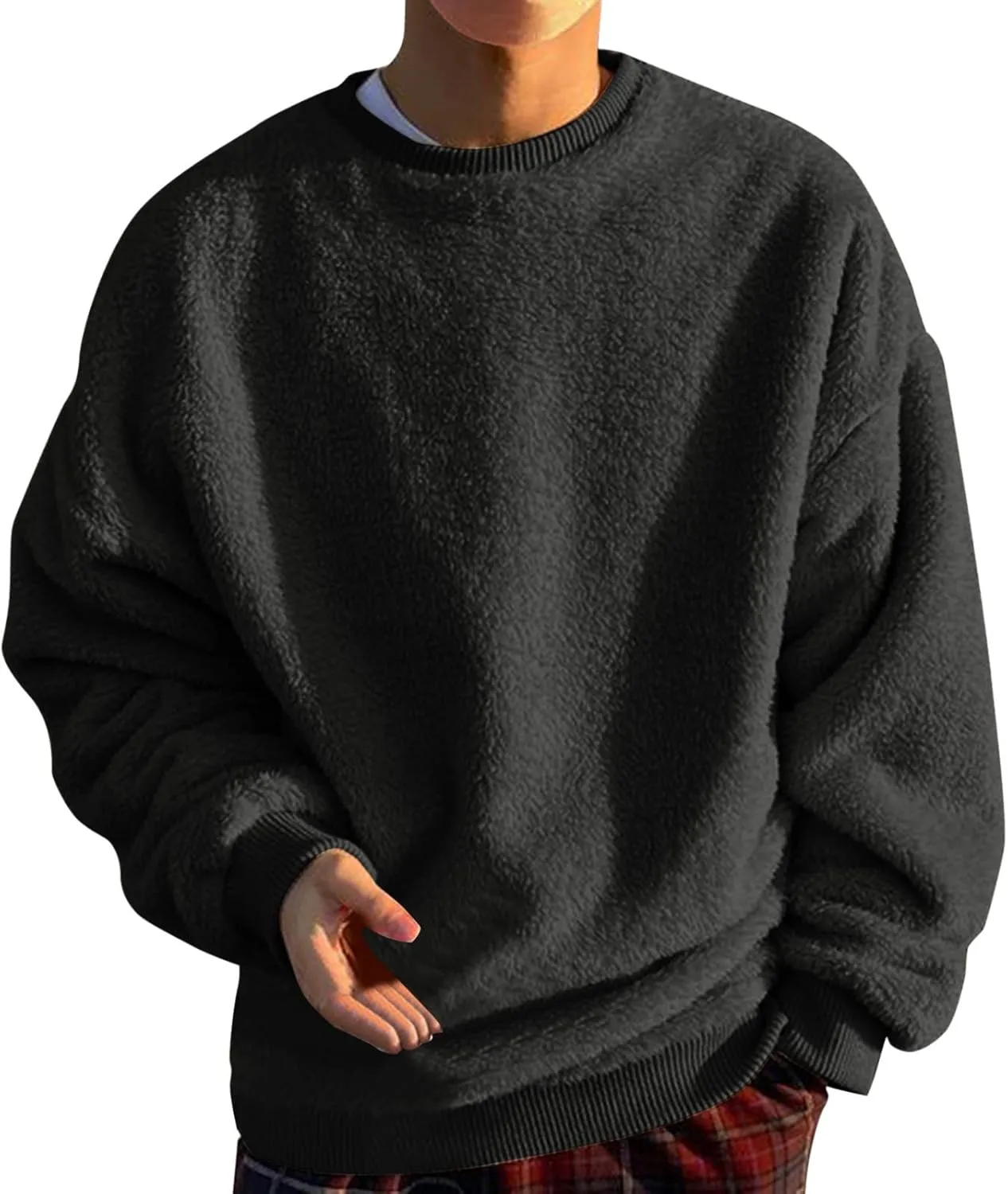Warm Fuzzy Sweatshirts for Men Winter Sherpa Fleece Crewneck Pullover Sweatshirt Casual Plus Size Solid Color Top