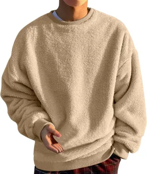 Warm Fuzzy Sweatshirts for Men Winter Sherpa Fleece Crewneck Pullover Sweatshirt Casual Plus Size Solid Color Top