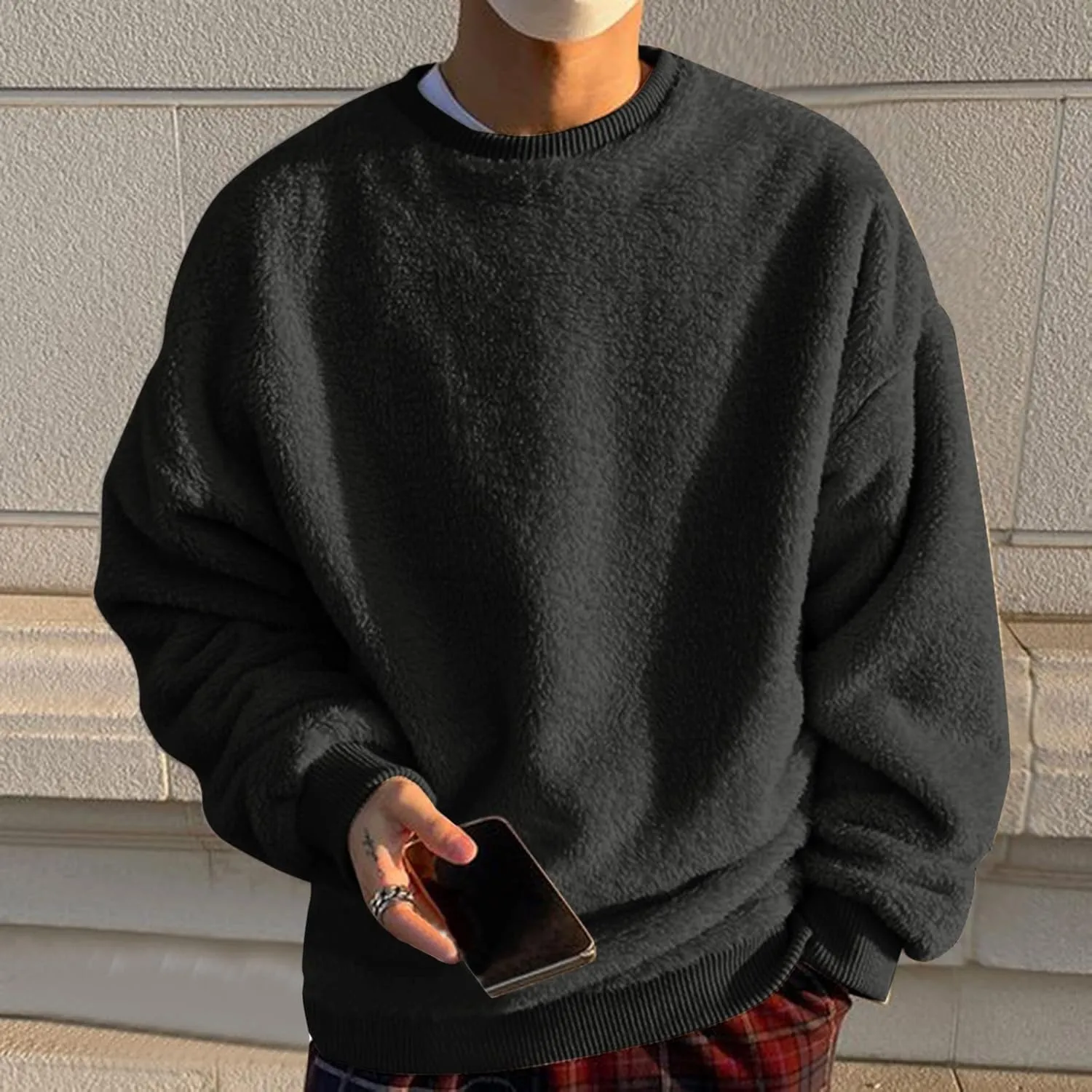 Warm Fuzzy Sweatshirts for Men Winter Sherpa Fleece Crewneck Pullover Sweatshirt Casual Plus Size Solid Color Top