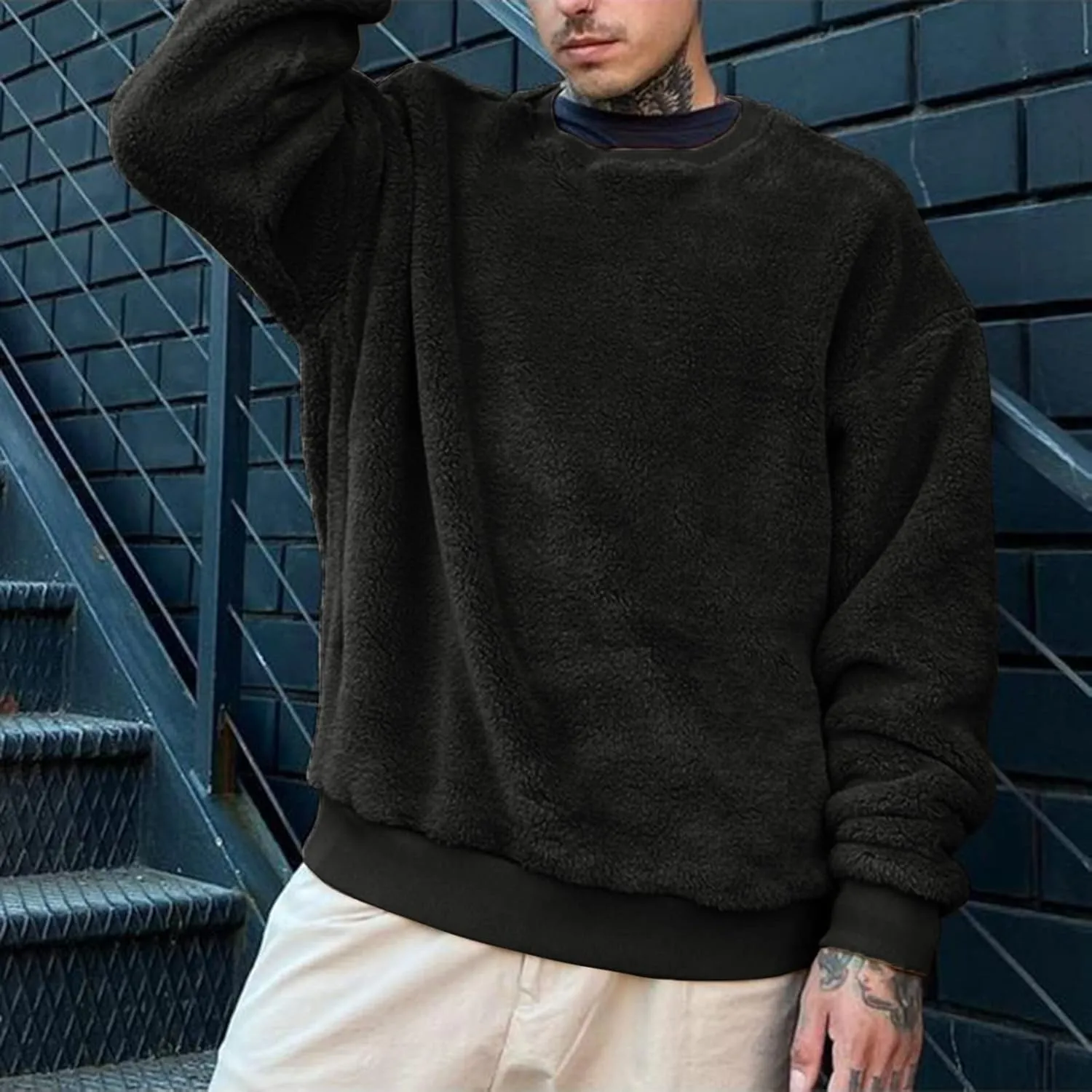 Warm Fuzzy Sweatshirts for Men Winter Sherpa Fleece Crewneck Pullover Sweatshirt Casual Plus Size Solid Color Top