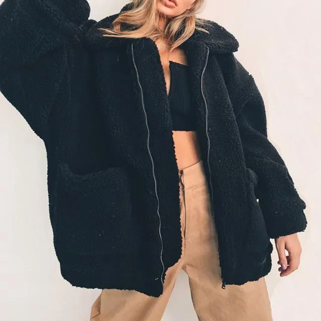 Winter Warm Soft Zipper Fur Jacket Female Plush Overcoat Casual Outerwear