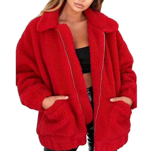 Winter Warm Soft Zipper Fur Jacket Female Plush Overcoat Casual Outerwear