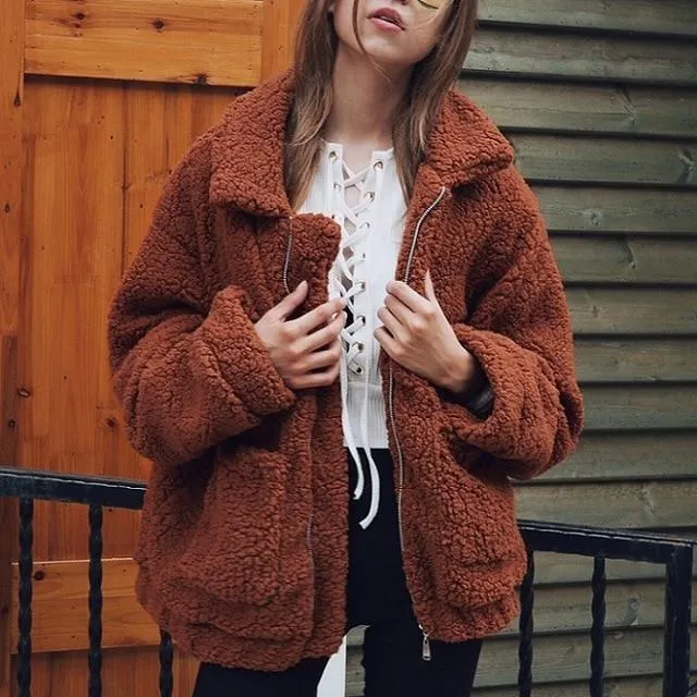 Winter Warm Soft Zipper Fur Jacket Female Plush Overcoat Casual Outerwear