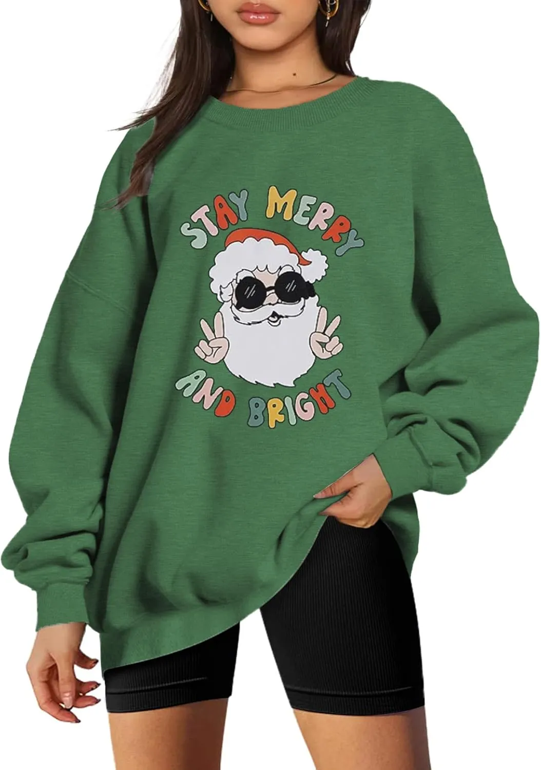 Women Christmas Sweatshirt Stay Merry and Bright Shirts Retro Santa Graphic Long Sleeve Crewneck Pullover Xmas Oversize Tops