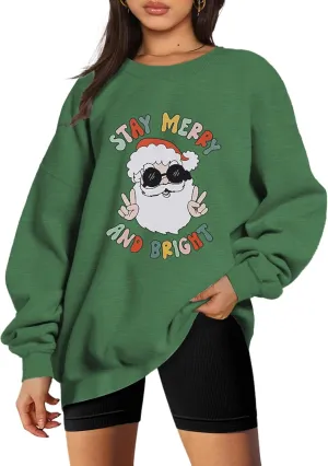 Women Christmas Sweatshirt Stay Merry and Bright Shirts Retro Santa Graphic Long Sleeve Crewneck Pullover Xmas Oversize Tops