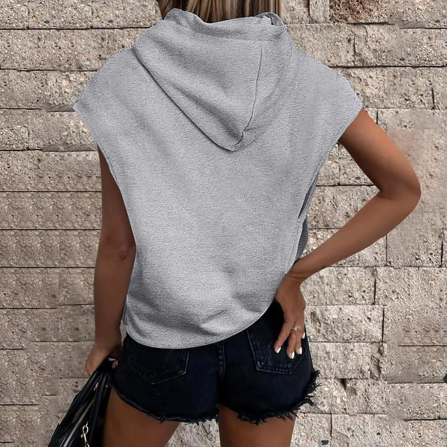 Women Oversized Drawstring Hooded Sweatshirt Sleeveless Solid Color Pullover Top Workout Athletic Hoodies with Pocket